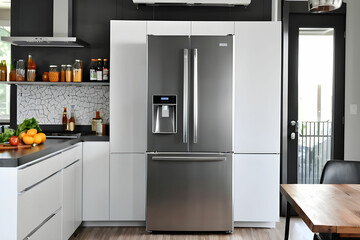 Stylish kitchen interior with modern steel refrigerator