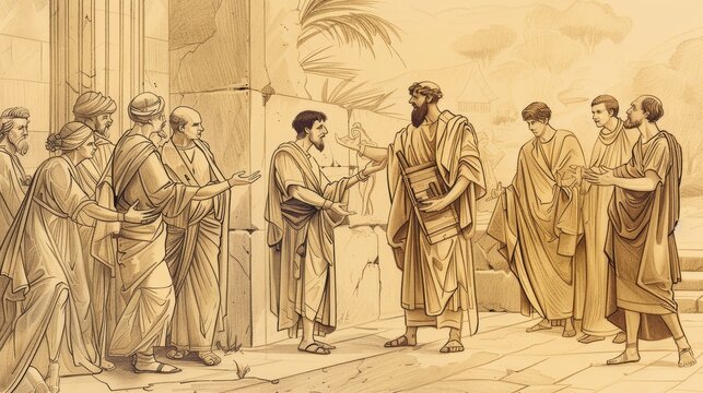 Ministry and Conversion: Acts 8 Biblical Illustration with Persecution, Ethiopian Eunuch on Beige Background and Copyspace