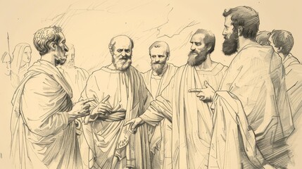 Fototapeta premium Ascension and Promise: Acts 1 Biblical Illustration with Selection of Matthias on Beige Background and Copyspace