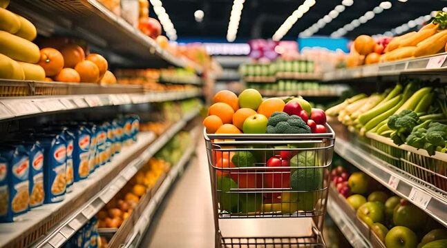 Supermarket basket on the shelves of a store