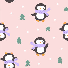 Penguins hand drawn on a pink background, winter seamless pattern