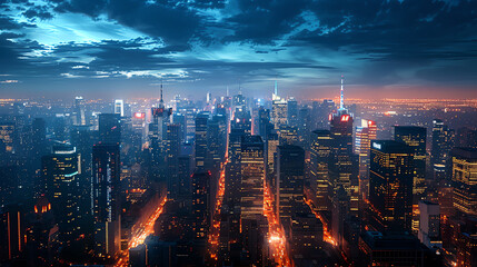Fototapeta premium A wide shot of a cityscape at night, showcasing buildings and streetlights illuminated by energyefficient LED lights The image should have a warm, inviting glow, demonstrating how