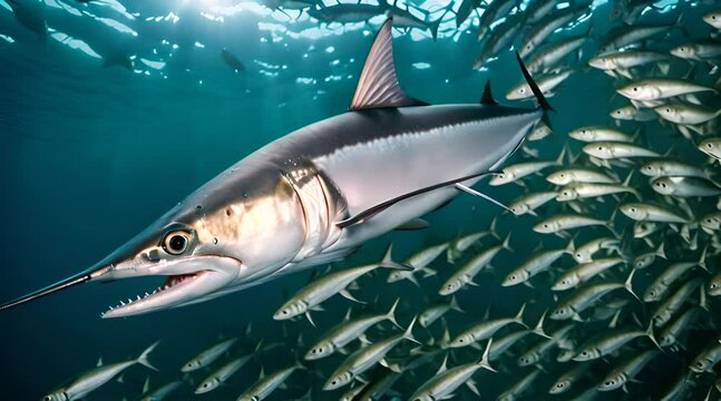 un espadon chassant dans un banc de sardines