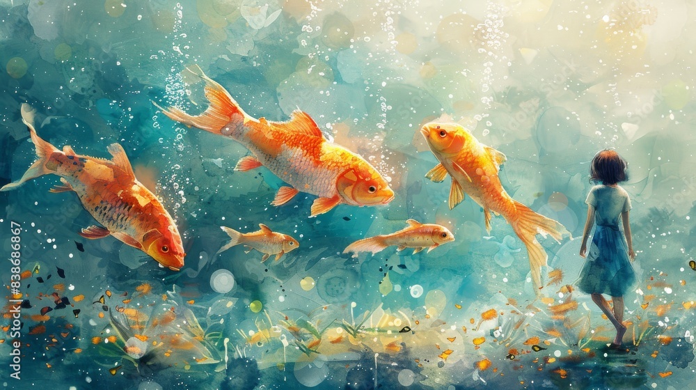 Wall mural A watercolor style illustration of fish underwater in a beautiful nature scene. 