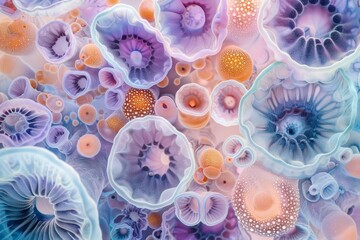 Captivating watercolor art of a microscopic view of fungi, detailed spore structures in soft pastel shades