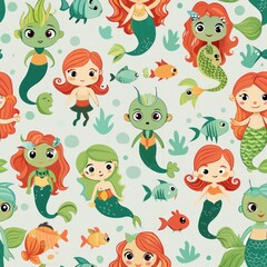 Fototapeta premium Seamless pattern of cute cartoon zombie mermaids swimming with fish and seahorses, Generative AI