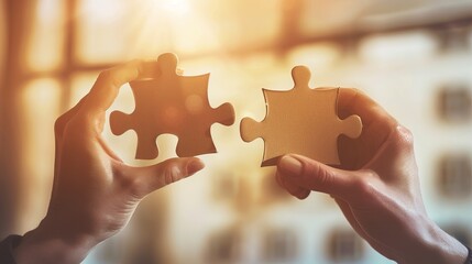 Businesswoman hand connecting jigsaw puzzle with sunlight effect, Business solutions, success and strategy concept.