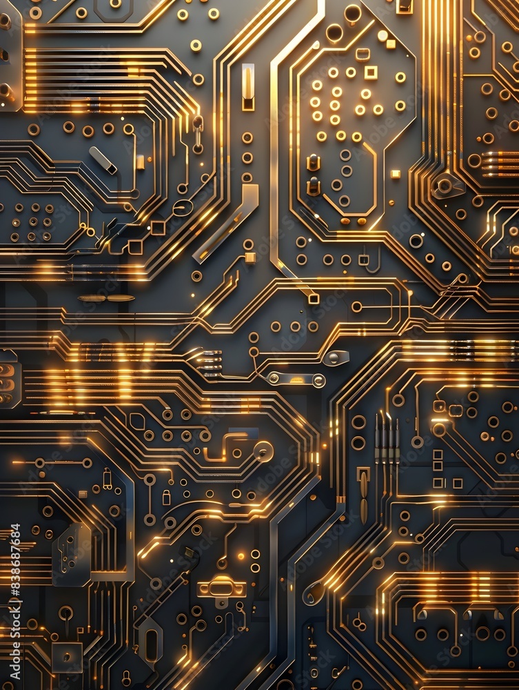 Poster intricate patterns of a digital circuit board with metallic textures and futuristic design