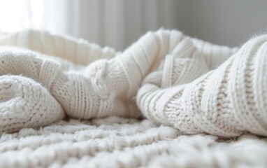 White knitted sweater, blanket, macro photography