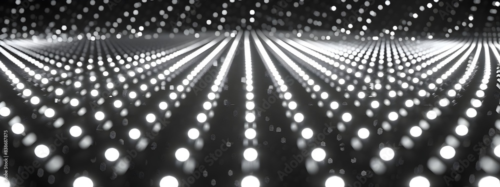 Poster glowing digital matrix of light dots in abstract geometric pattern