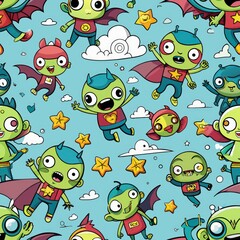 Obraz premium Seamless pattern of cute cartoon zombie superheroes flying through the sky with capes fluttering, Generative AI
