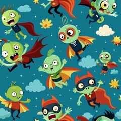 Fototapeta premium Seamless pattern of cute cartoon zombie superheroes flying through the sky with capes fluttering, Generative AI
