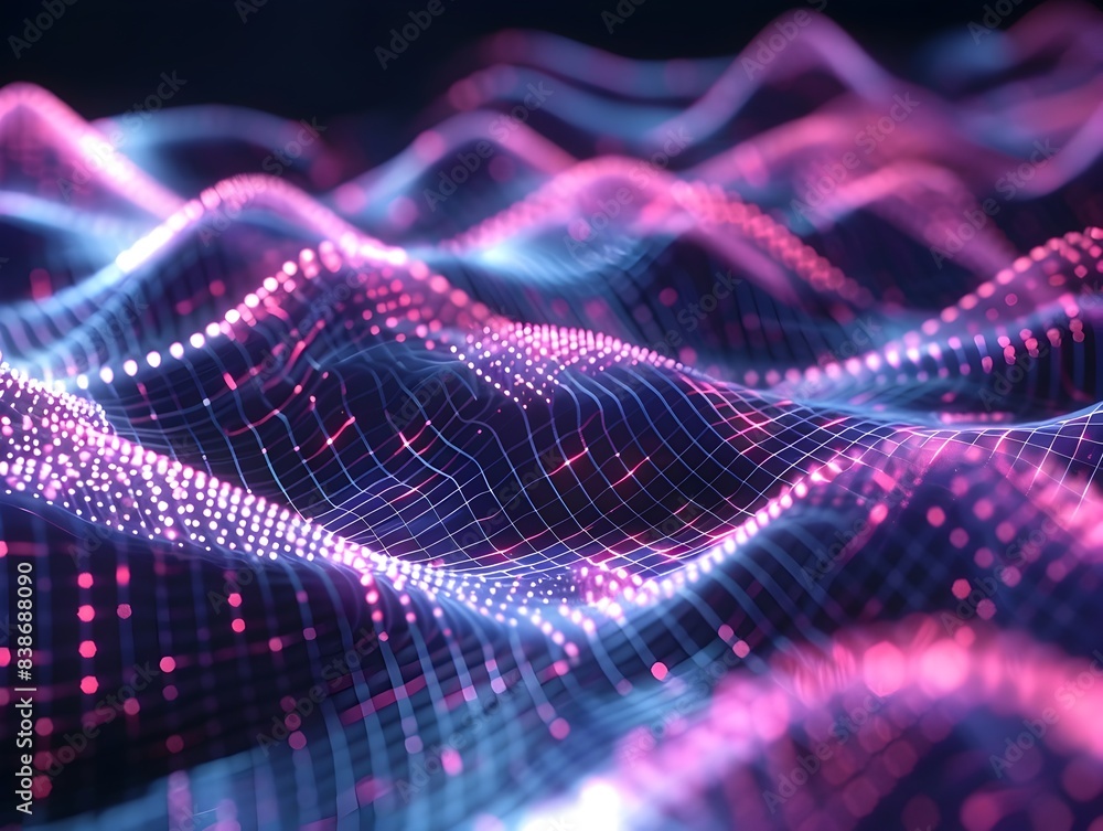 Poster pulsing digital waves forming dynamic abstract particle shapes