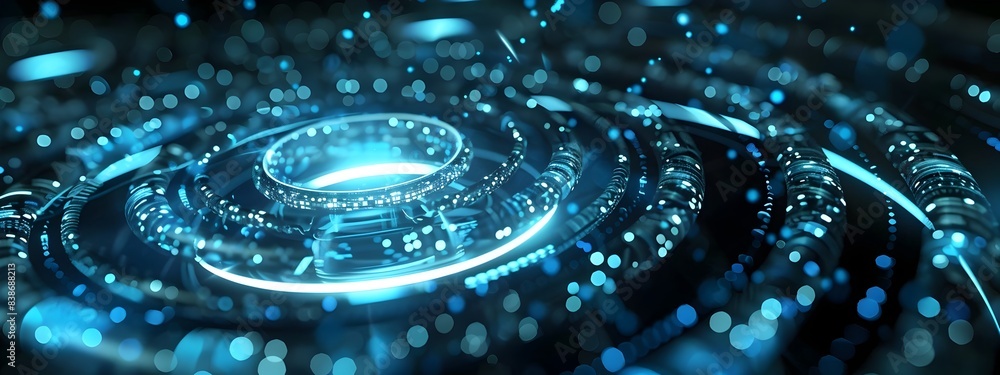Poster concentric luminous tech rings with digital lighting effects and gradient backdrop