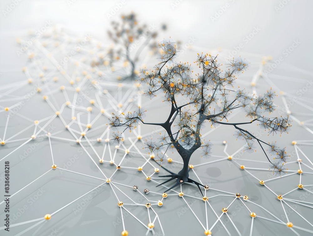 Poster interconnected digital tech tree with abstract nodes and patterns