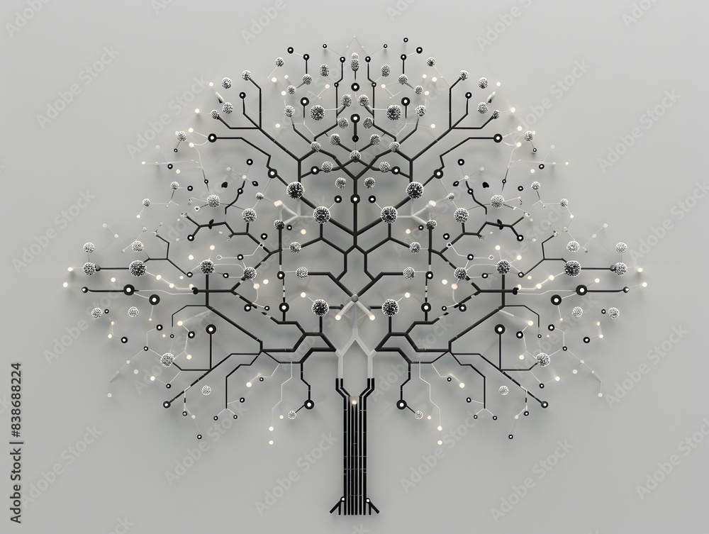 Poster technological tree shaped digital network pattern with tech nodes and interconnections