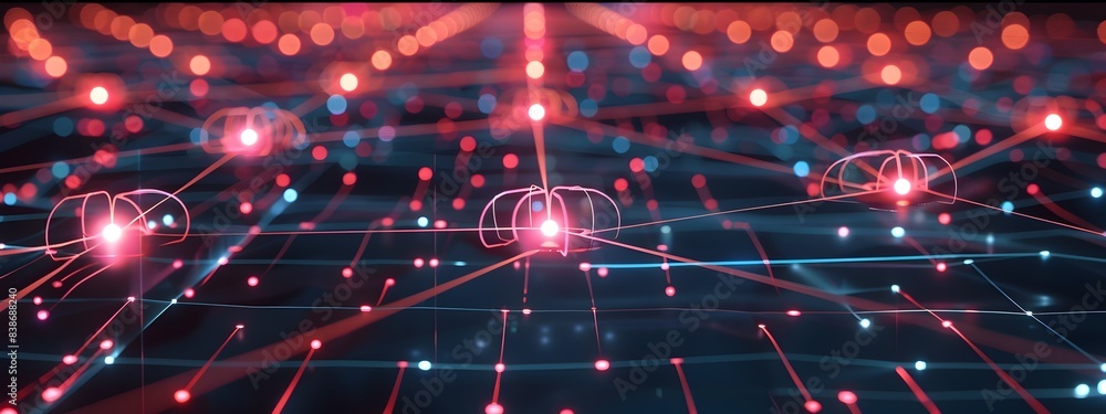 Poster futuristic grid illuminated abstract network with glowing nodes and interconnected patterns