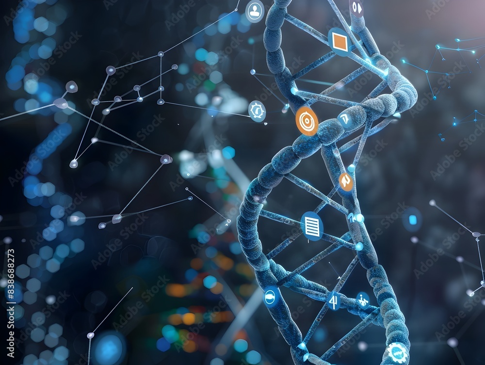 Poster futuristic tech dna helix patterns with symbolic symbols in 3d rendering