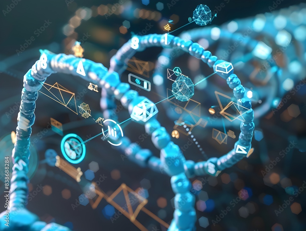 Aufkleber glowing tech dna helix with futuristic symbols in abstract 3d render