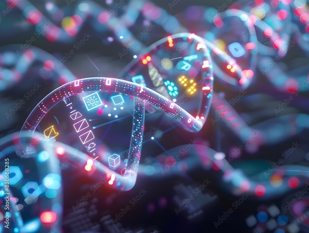 Aufkleber captivating 3d rendered helix patterns with tech related symbols and neon accents