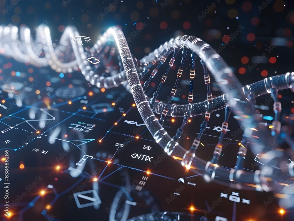 Poster futuristic 3d rendered tech dna helix patterns with symbolic tech designs
