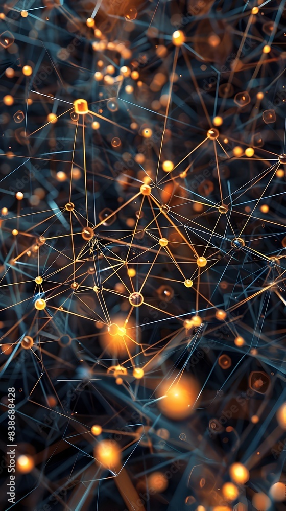 Poster interconnected digital web with glowing symbols and patterns