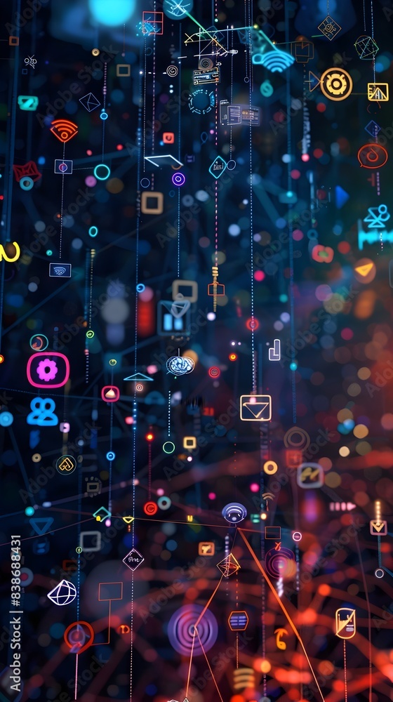 Poster futuristic digital web patterns with flowing symbols and neon lights