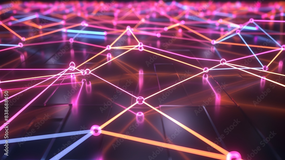 Poster vibrant neon network abstract digital interconnected glowing lines and nodes