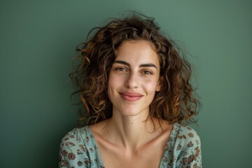 Smiling woman with curly hair, green background. Generative AI.