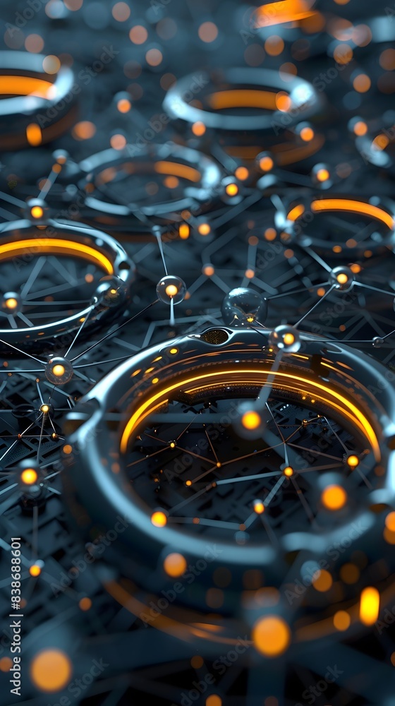 Poster interconnected tech rings and glowing digital nodes in abstract 3d rendering