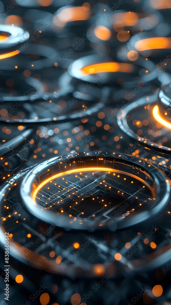 Poster futuristic tech rings and nodes with glowing digital connections and patterns