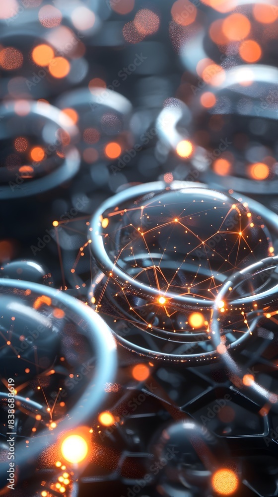Poster interconnected tech rings with glowing nodes in abstract digital background