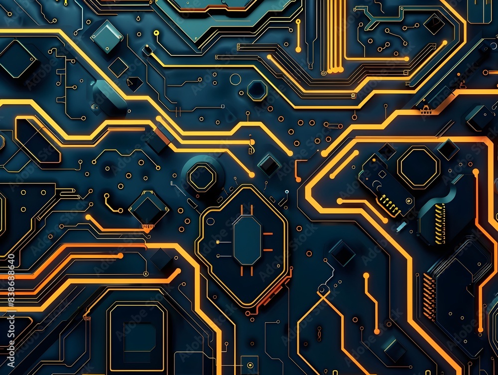 Poster abstract of a futuristic computer chip design with intricate geometric patterns and vibrant colors