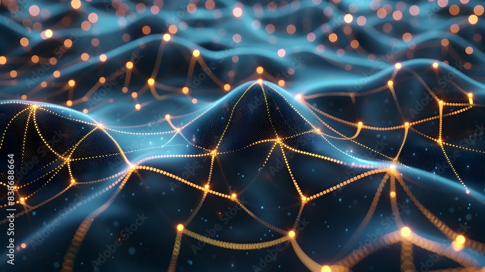 Poster glowing neural grid pattern with futuristic digital connections and particle flow