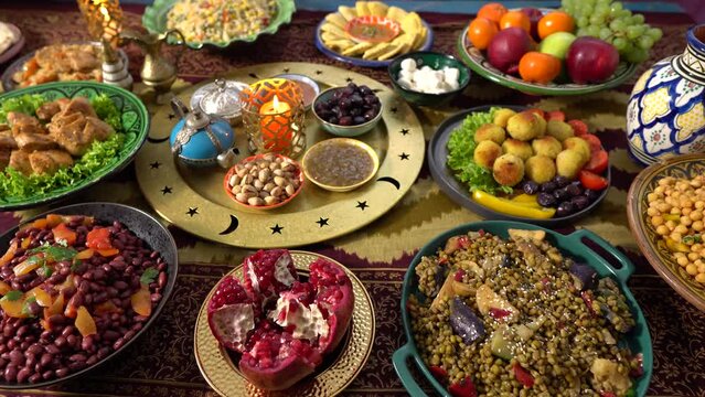 Ramadan Iftar food on the table. Traditional dishes of Middle East, Central and South Asia