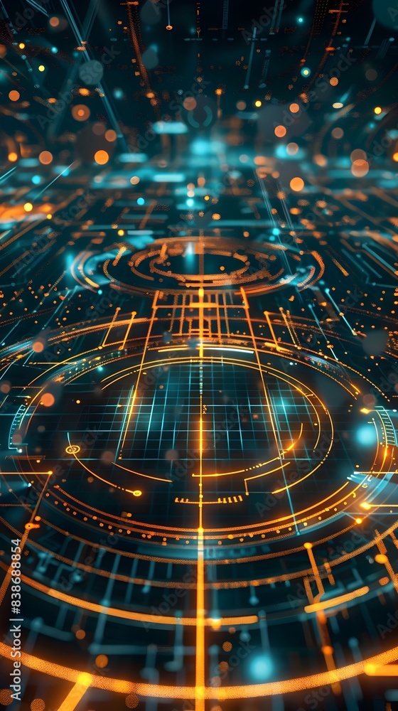 Poster cybernetic grid futuristic digital with interconnected circuits and geometric patterns