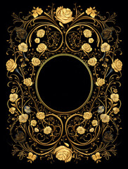 A beautiful golden Victorian frame with roses and swirls on a black background