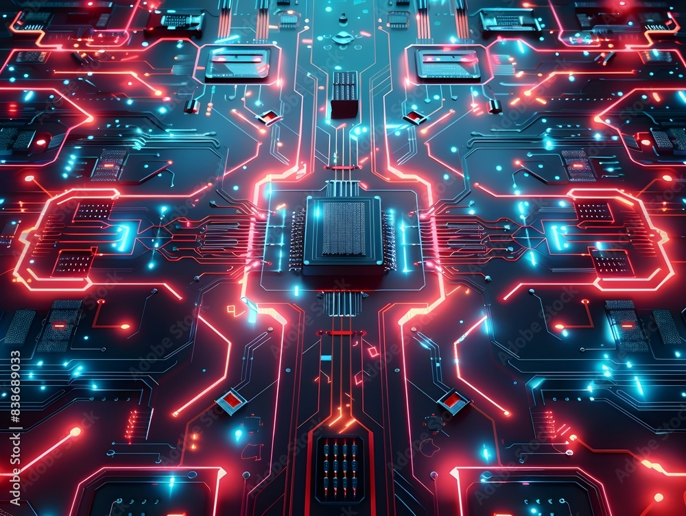 Poster futuristic digital circuit board with abstract patterns and technological elements