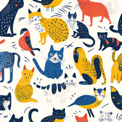 Playful Patterns of Cute Pets in Hand-Lettering Style – Light Yellow and Dark Azure Designs for Wallpapers, Murals, and Animated GIFs on a White Background