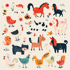 Naklejka premium Adorable Vector Set of Simple Animal Drawings – Includes Kids' Illustrations of Dogs, Cats, Chickens, Horses, and Pigs in a Fun and Playful Cartoon Style