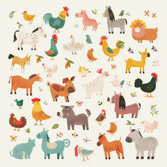 Adorable Vector Set of Simple Animal Drawings &ndash; Includes Kids' Illustrations of Dogs, Cats, Chickens, Horses, and Pigs in a Fun and Playful Cartoon Style