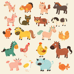 Adorable Vector Set of Simple Animal Drawings – Includes Kids' Illustrations of Dogs, Cats, Chickens, Horses, and Pigs in a Fun and Playful Cartoon Style