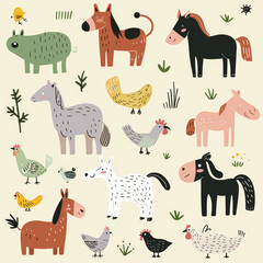 Adorable Vector Set of Simple Animal Drawings – Includes Kids' Illustrations of Dogs, Cats, Chickens, Horses, and Pigs in a Fun and Playful Cartoon Style