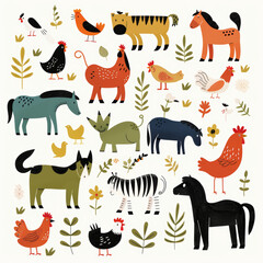 Adorable Vector Set of Simple Animal Drawings – Includes Kids' Illustrations of Dogs, Cats, Chickens, Horses, and Pigs in a Fun and Playful Cartoon Style