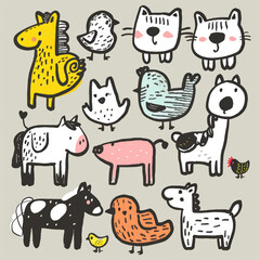 Obraz premium Adorable Vector Set of Simple Animal Drawings – Includes Kids' Illustrations of Dogs, Cats, Chickens, Horses, and Pigs in a Fun and Playful Cartoon Style