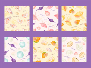 Summer beach resort sea ocean seashell seamless pattern design template set vector illustration