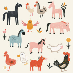 Adorable Vector Set of Simple Animal Drawings – Includes Kids' Illustrations of Dogs, Cats, Chickens, Horses, and Pigs in a Fun and Playful Cartoon Style