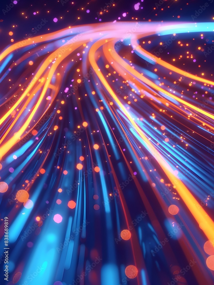 Poster neon data stream bright flowing lines representing digital information and technology