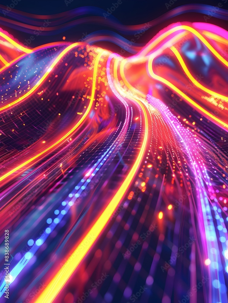 Poster bright neon data stream flowing lines representing digital information