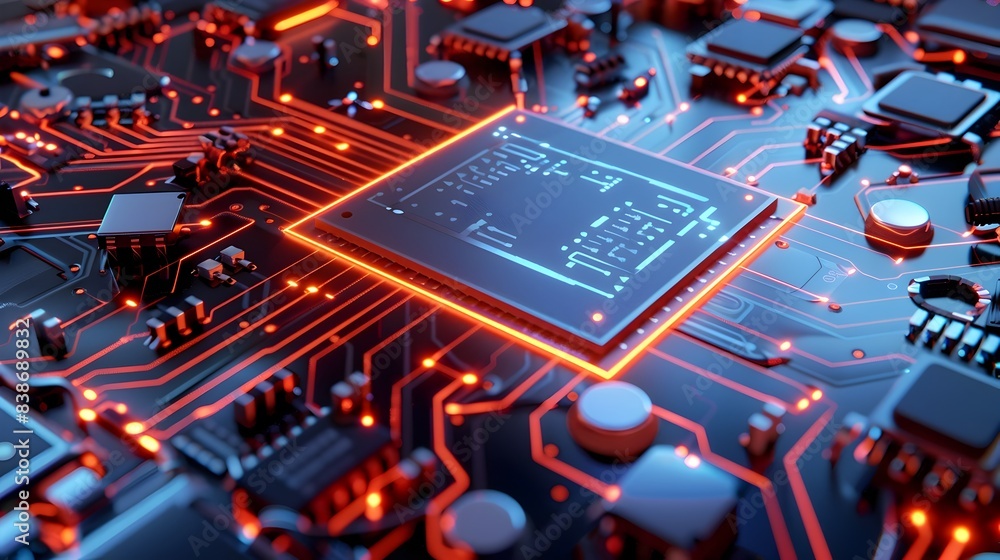 Poster futuristic microchip abstract 3d rendered of advanced digital circuit board technology